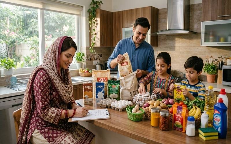Pakistani family organizing daily grocery and home essentials in kitchen showing daily necessities for families in Pakistan