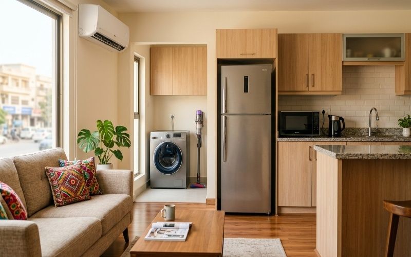 Modern Pakistani home with electric appliances including refrigerator washing machine AC and kitchen devices showing best electric products for home in Pakistan