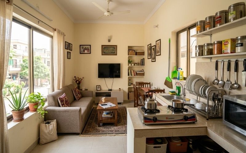 Organized Pakistani home showing kitchen cleaning and storage essentials in a simple and clean setup