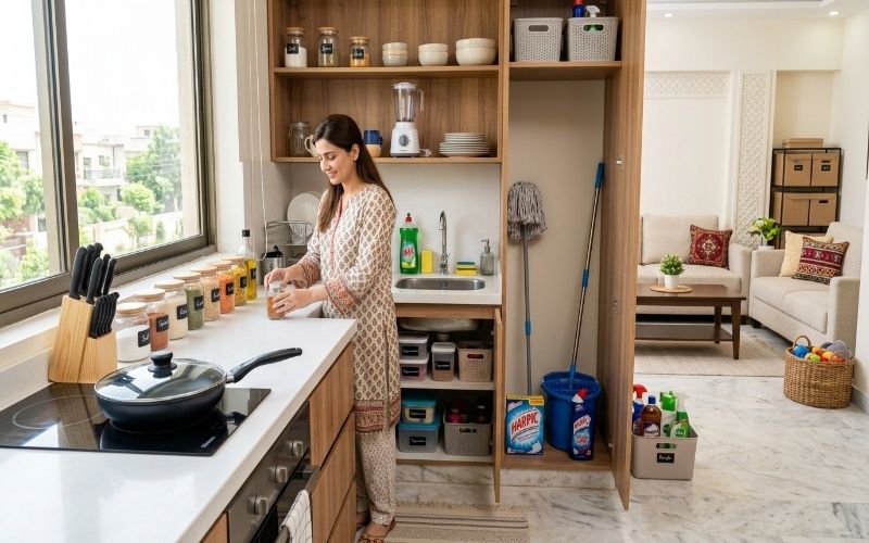 A realistic image showing important household products used in Pakistani homes, including kitchen tools, cleaning supplies, storage solutions and hygiene essentials. The image represents how the right home products help families keep their living spaces clean, organized and comfortable.
