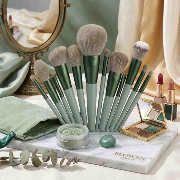 Woman using 13 pcs makeup brush set for makeup