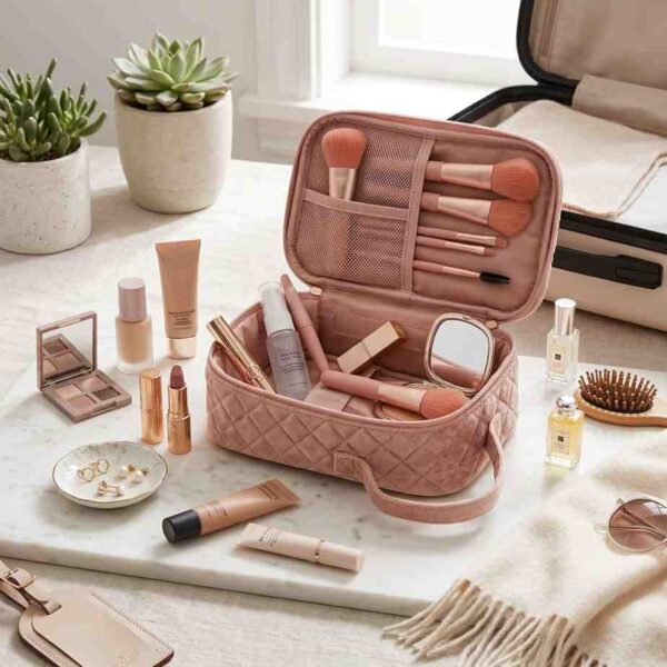 Mini makeup brush set inside travel cosmetic bag