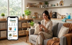 Woman shopping home products online in Pakistan using smartphone with modern kitchen and home items around