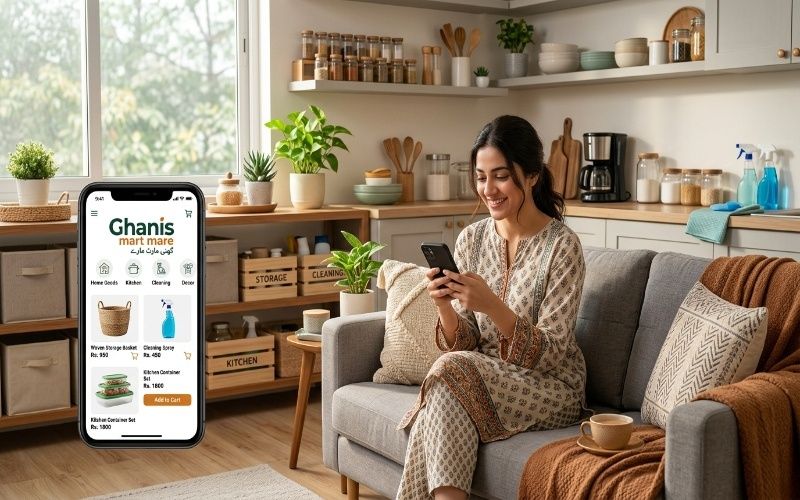 Woman shopping home products online in Pakistan using smartphone with modern kitchen and home items around