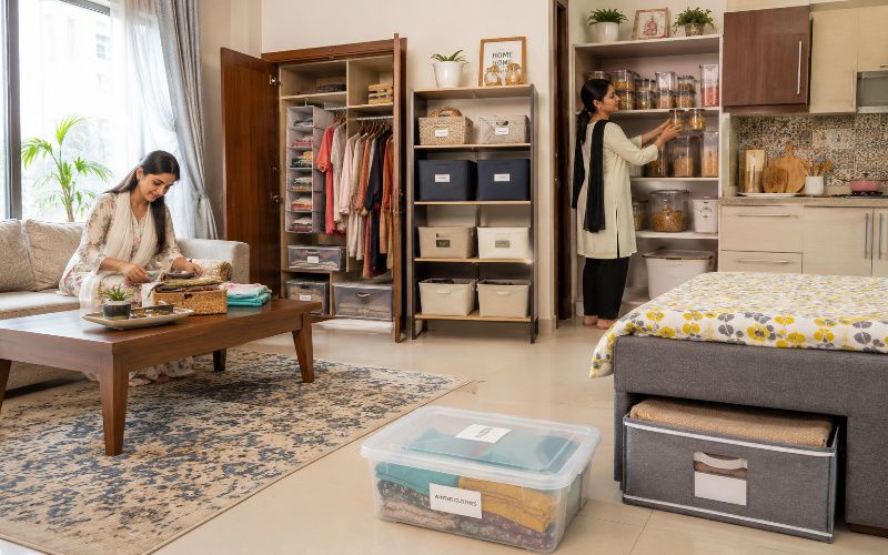 Organized Pakistani home with storage boxes, wardrobe organizers, and kitchen storage products for a clean and tidy living space