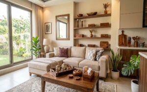 Wooden Products for Home in Pakistan displayed in a modern living room with wooden trays, shelves, storage boxes, wall decor, and kitchen accessories.