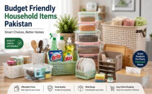 Budget friendly household items Pakistan including kitchen essentials, storage products, and home accessories