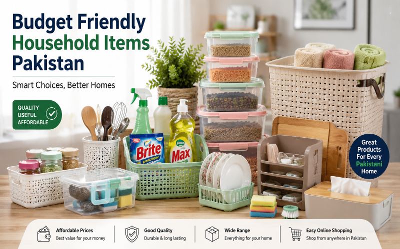 Budget friendly household items Pakistan including kitchen essentials, storage products, and home accessories
