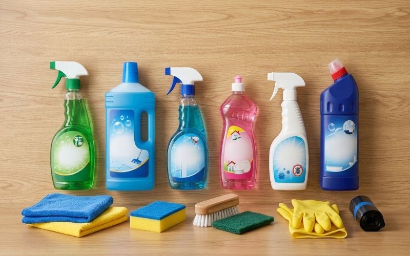 Daily cleaning products for home in Pakistan arranged on kitchen counter with cleaning supplies and tools