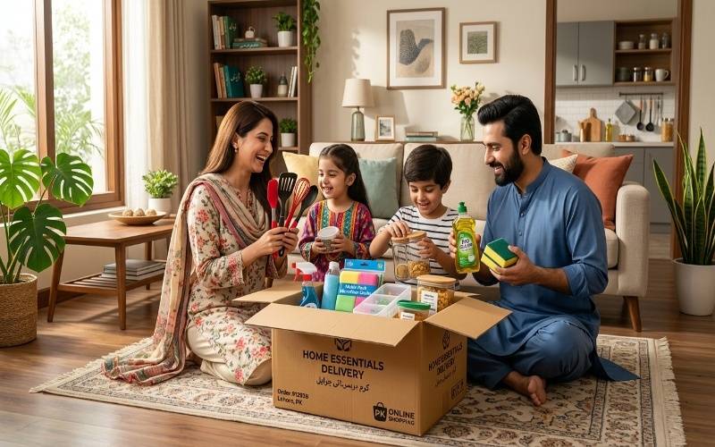 Family receiving home essentials delivery box at home in Pakistan with kitchen and cleaning items inside