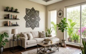 Metal products for home in Pakistan including modern metal wall decor, shelves, planters, and decorative accessories in a stylish living room