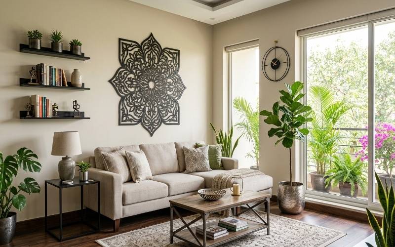 Metal products for home in Pakistan including modern metal wall decor, shelves, planters, and decorative accessories in a stylish living room